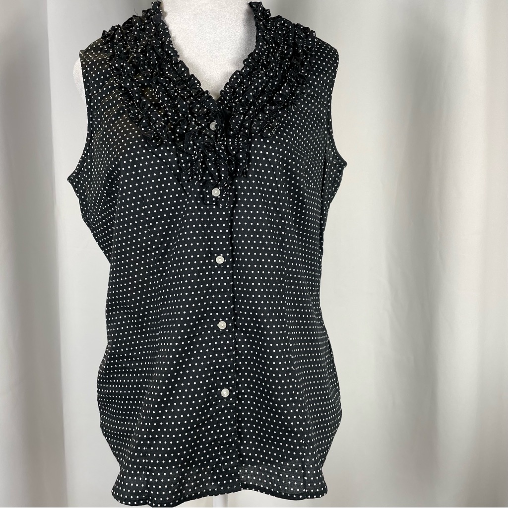 Sandra Ingrish Sleeveless Black & White Polka Dot Tuxedo Ruffle Top Size